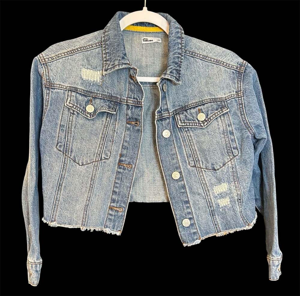 Epic Threads Distressed Cropped Denim Jacket Blue Juniors Size M